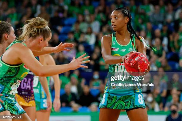 Stacey Francis-Bayman of the fever looks to make a pass down the court during the round 12 Super Netball match between West Coast Fever and...