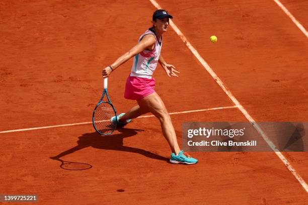 Irina-Camelia Begu of Romania plays a backhand against Leolia Jeanjean of France during the Women's Singles Third Round match on Day 7 of The 2022...