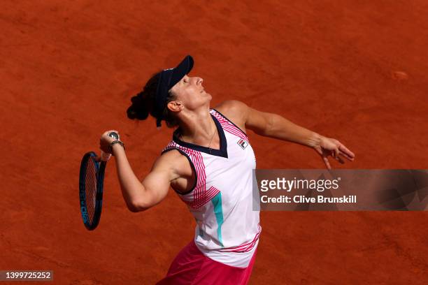 Irina-Camelia Begu of Romania serves against Leolia Jeanjean of France during the Women's Singles Third Round match on Day 7 of The 2022 French Open...