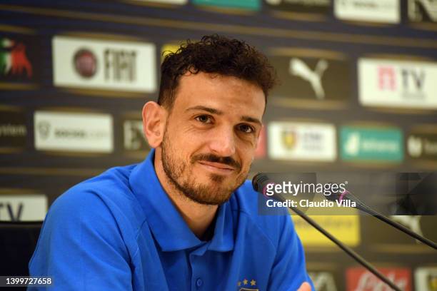 Alessandro Florenzi of Italy speaks with the media during press conference at Centro Tecnico Federale di Coverciano on May 28, 2022 in Florence,...