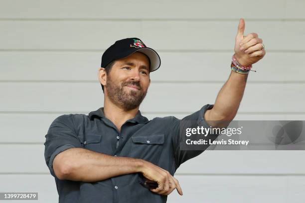 Ryan Reynolds, Owner of Wrexham gives a thumbs up prior to the Vanarama National League Play-Off Semi Final match between Wrexham and Grimsby Town at...