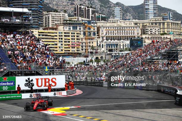 Charles Leclerc of Monaco driving the Ferrari F1-75 on track during final practice ahead of the F1 Grand Prix of Monaco at Circuit de Monaco on May...