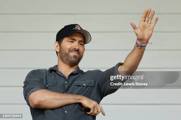 Ryan Reynolds, Owner of Wrexham waves prior to the Vanarama National League Play-Off Semi Final match between Wrexham and Grimsby Town at Racecourse...