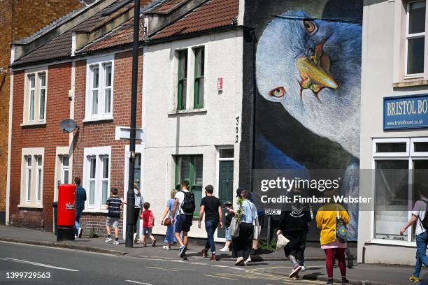 Artwork of a seagull by artist 'Irony' is seen on May 28, 2022 in Bristol, England. After three weeks of street painting, Upfest’s festival weekend...