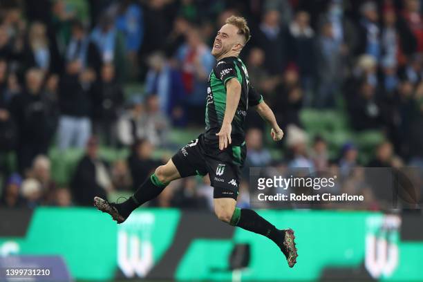 Connor Pain of Western United celebrates victory during the A-League Mens Grand Final match between Western United and Melbourne City at AAMI Park on...
