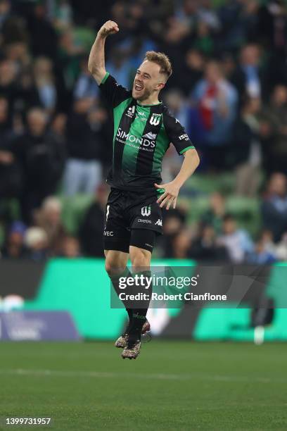 Connor Pain of Western United celebrates victory during the A-League Mens Grand Final match between Western United and Melbourne City at AAMI Park on...