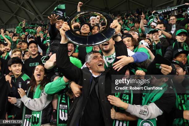 Western United coach John Aloisi celebrates with fans during the A-League Mens Grand Final match between Western United and Melbourne City at AAMI...