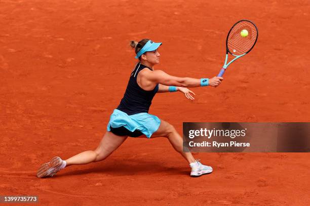 Danka Kovinic of Montenegro plays a backhand against Iga Swiatek of Poland during the Women's Singles Third Round match on Day 7 of The 2022 French...