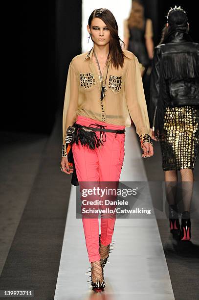 Model walks the runway at the Frankie Morello Autumn Winter 2012 fashion show during Milan Fashion Week on February 26, 2012 in Milan, Italy.