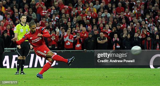 Glen Johnson of Liverpool scores his penalty during the Carling Cup Final match between Liverpool and Cardiff City at Wembley Stadium on February 26,...