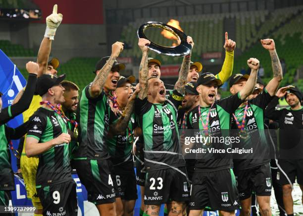 Alessandro Diamanti of Western United lifts the trophy as they celebrate win during the A-League Mens Grand Final match between Western United and...