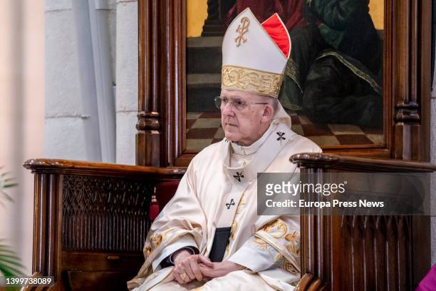 The Archbishop of Madrid, Cardinal Carlos Osoro, during the solemn Mass at the Almudena Wing Cathedral, on 28 May, 2022 in Madrid, Spain. After the...