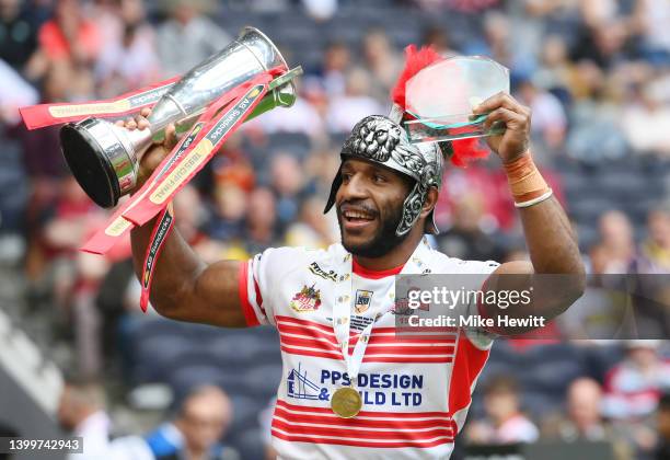 Edwin Ipape of Leigh Centurions celebrates with the AB Sundecks 1895 Cup and the Player of the Match award after victory in the AB Sundecks 1895 Cup...