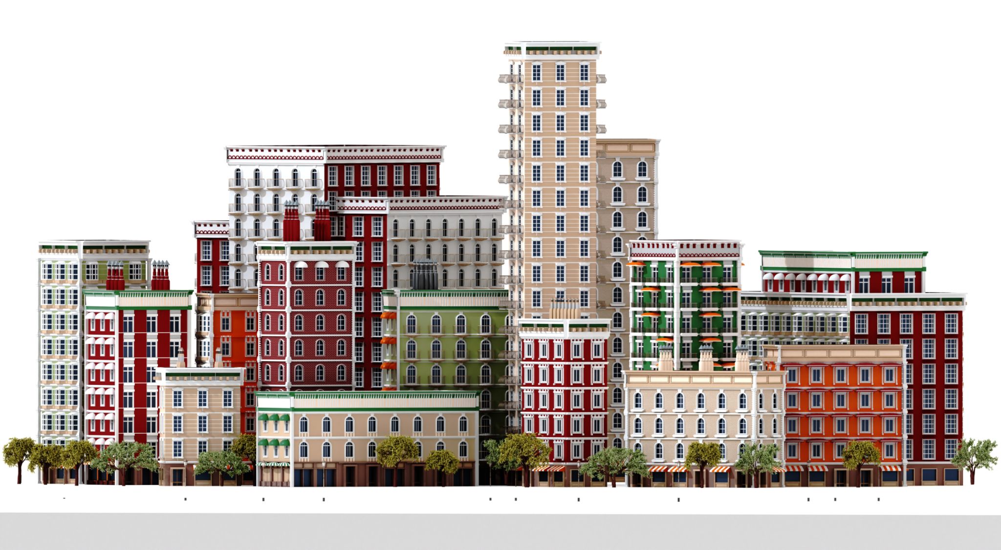 Beautiful city with periodic style buildings. 3D rendering illustration Beautiful city with periodic style buildings. 3D rendering illustration