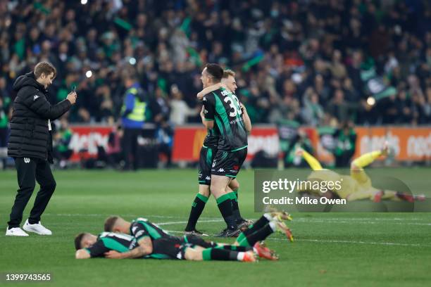 Connor Pain and Ben Collins of Western United celebrate after the final whistle of the A-League Mens Grand Final match between Western United and...