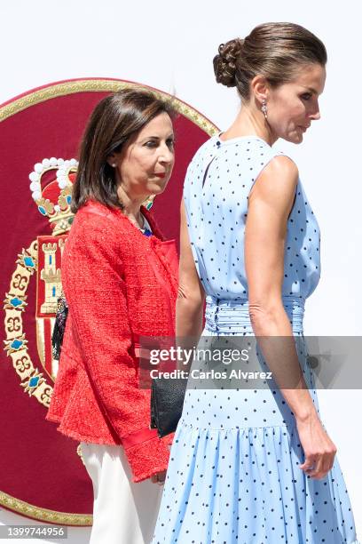 Minister of Defence Margarita Robles and Queen Letizia of Spain attend the Armed Forces 2022 day on May 28, 2022 in Huesca, Spain.