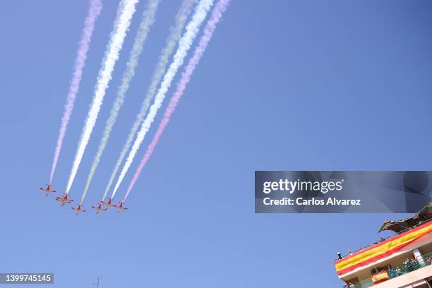 Eagle Patrol flies during the Armed Forces 2022 day on May 28, 2022 in Huesca, Spain.