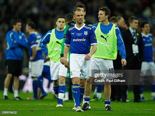 Kenny Miller of Cardiff City looks dejected after the Carling Cup Final match between Liverpool and Cardiff City at Wembley Stadium on February 26,...