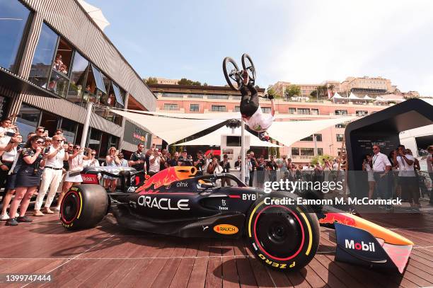 Red Bull Athlete Fabio Wibmer stunts the Red Bull Racing Energy Station during the F1 Grand Prix of Monaco at Circuit de Monaco on May 28, 2022 in...