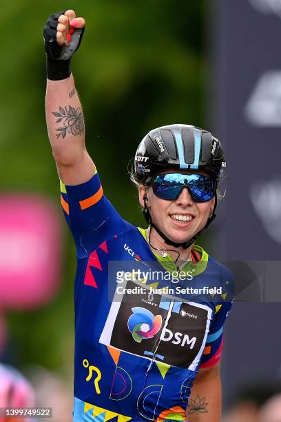 Lorena Wiebes of Netherlands and Team DSM blue leader jersey celebrates at finish line as stage winner during the 5th RideLondon Classique 2022 -...