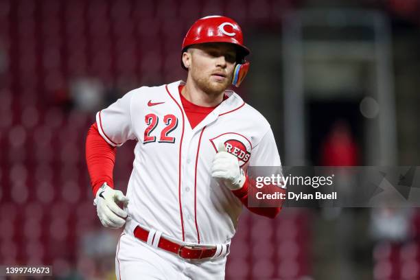 Brandon Drury of the Cincinnati Reds rounds the bases after hitting a home run in the fifth inning against the San Francisco Giants at Great American...