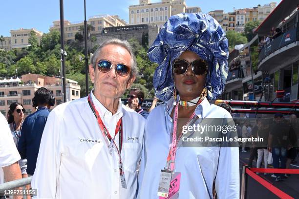 Jacky Ickx and his wife Khadja Nin attend qualifying ahead of the F1 Grand Prix of Monaco at Circuit de Monaco on May 28, 2022 in Monte-Carlo, Monaco.