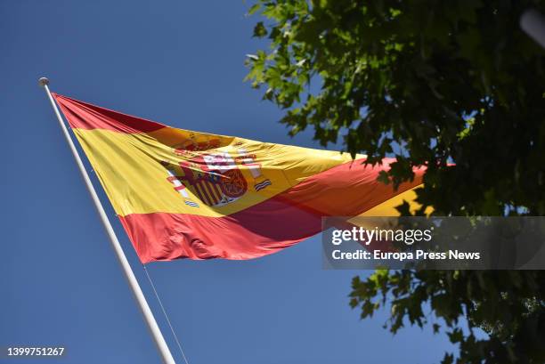 Raising of the Spanish flag during the central commemorative act of the "Day of the Armed Forces", on 28 May, 2022 in Huesca, Aragon, Spain. This act...