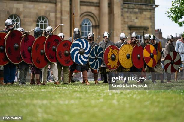 Viking re-enactors take part in skirmishes near Clifford’s Tower in York during the Yorvik Viking Festival on May 28, 2022 in York, England. The...