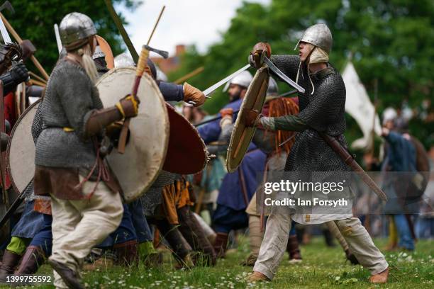 Viking re-enactors take part in skirmishes near Clifford’s Tower in York during the Yorvik Viking Festival on May 28, 2022 in York, England. The...