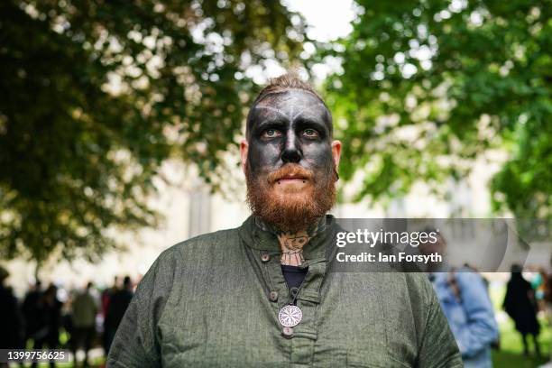 Viking re-enactors prepare to march through York during the Yorvik Viking Festival on May 28, 2022 in York, England. The march through the city is...