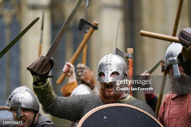 Viking re-enactors prepare to march through York during the Yorvik Viking Festival on May 28, 2022 in York, England. The march through the city is...