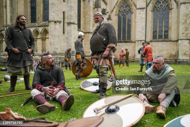 Viking re-enactors prepare to march through York during the Yorvik Viking Festival on May 28, 2022 in York, England. The march through the city is...