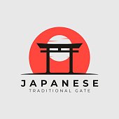 japanese sunset torii gate icon logo vector illustration design