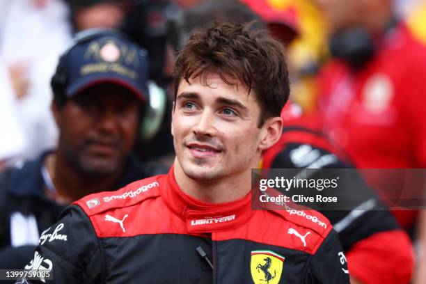 Pole position qualifier Charles Leclerc of Monaco and Ferrari smiles in parc ferme during qualifying ahead of the F1 Grand Prix of Monaco at Circuit...