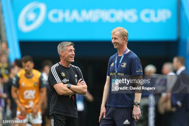 Ronan O’Gara, Head Coach of La Rochelle, speaks with Leo Cullen, Head Coach of Leinster Rugby, prior to kick off of the Heineken Champions Cup Final...