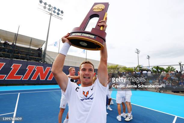 Gianni Ross of the Virginia Cavaliers celebrates after defeating the Kentucky Wildcats during the Division I Men's Tennis Championship held at the...