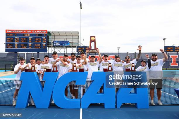 The Virginia Cavaliers celebrate their victory against the Kentucky Wildcats during the Division I Men's Tennis Championship held at the Atkins...