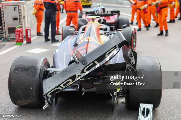 Sergio Perez of Mexico and Red Bull Racing crashes during qualifying ahead of the F1 Grand Prix of Monaco at Circuit de Monaco on May 28, 2022 in...