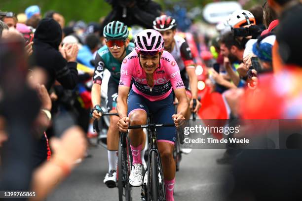 Richard Carapaz of Ecuador and Team INEOS Grenadiers Pink Leader Jersey competes to keep the lead at final climb Passo Fedaia during the 105th Giro...