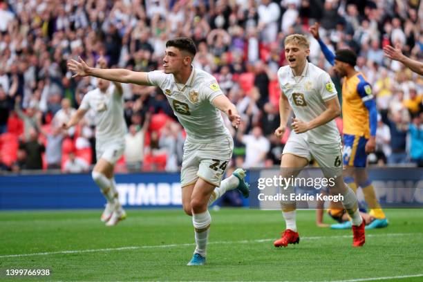 Kian Harratt of Port Vale celebrat their sides goal which is later ruled offside and disallowed during the Sky Bet League Two Play-off Final match...