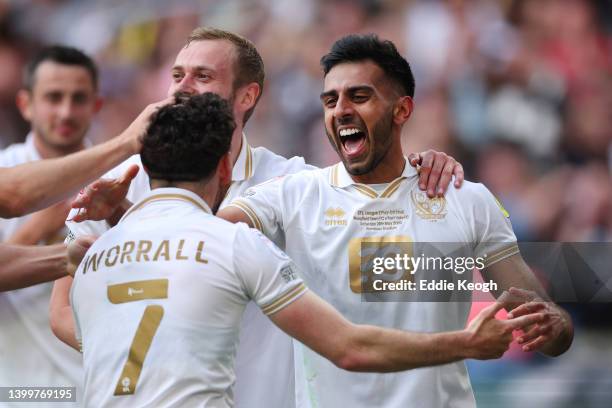 Malvind Benning of Port Vale celebrates with team mate David Worrall after scoring their sides third goal during the Sky Bet League Two Play-off...