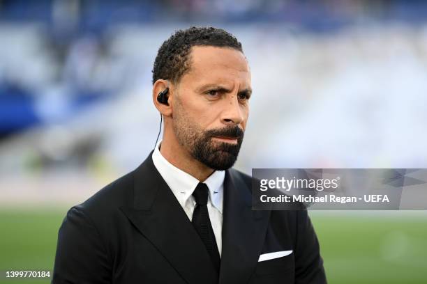 Rio Ferdinand speaks to the media prior to the UEFA Champions League final match between Liverpool FC and Real Madrid at Stade de France on May 28,...