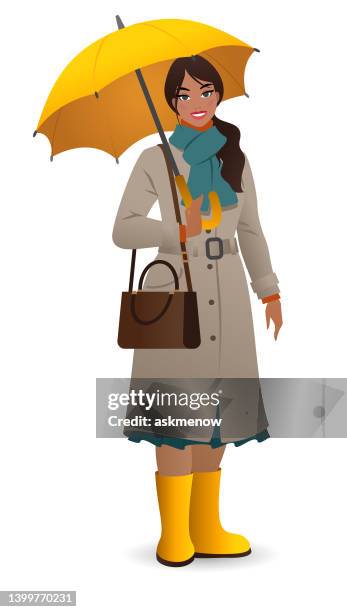 bildbanksillustrationer, clip art samt tecknat material och ikoner med woman with umbrella - regnkläder
