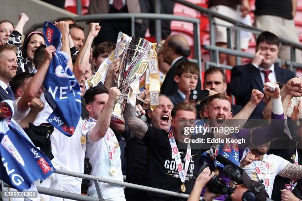 Tom Pett and Tom Conlon of Port Vale lift the Sky Bet League Two Play Off Trophy following victory in the Sky Bet League Two Play-off Final match...