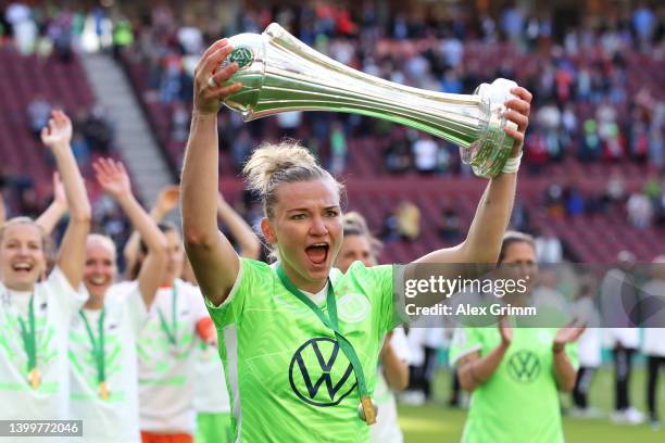 Alexandra Popp of VfL Wolfsburg celebrates with the DFB-Pokal Frauen after their sides victory during the Women's DFB Cup final match between VfL...