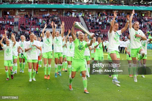 Alexandra Popp of VfL Wolfsburg celebrates with the DFB-Pokal Frauen after their sides victory during the Women's DFB Cup final match between VfL...