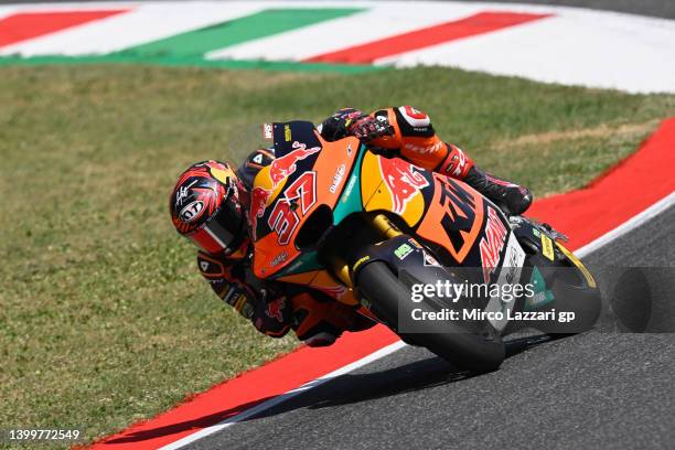 Augusto Fernandez of Spain and Red Bull KTM Team Ajo rounds the bend during the MotoGP of Italy - Qualifying at Mugello Circuit on May 28, 2022 in...