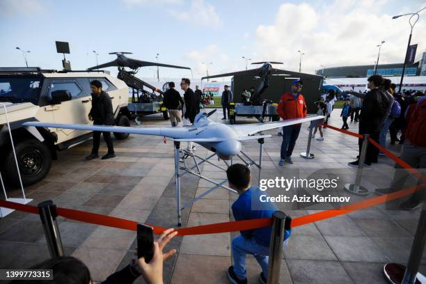 The ''iti qovan'' kamikaze UAV, developed by Azerbaijan, on display at Teknofest aerospace and technology festival at Baku Crystal Hall on May 27,...