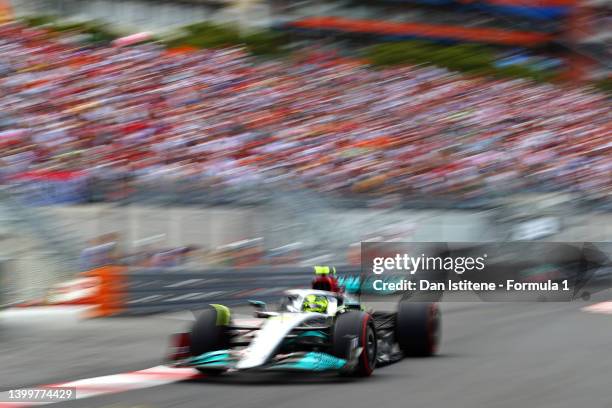 Lewis Hamilton of Great Britain driving the Mercedes AMG Petronas F1 Team W13 during qualifying ahead of the F1 Grand Prix of Monaco at Circuit de...