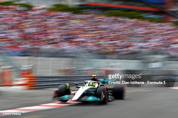 Lewis Hamilton of Great Britain driving the Mercedes AMG Petronas F1 Team W13 during qualifying ahead of the F1 Grand Prix of Monaco at Circuit de...
